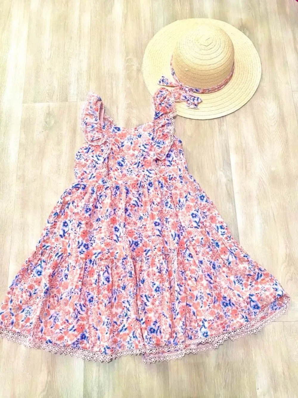 Girls Pink Floral Sundress with Blue Accents